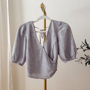 Abercrombie & Fitch Striped Linen Wrap Crop Top | Puff Sleeve | Smocked Back | S